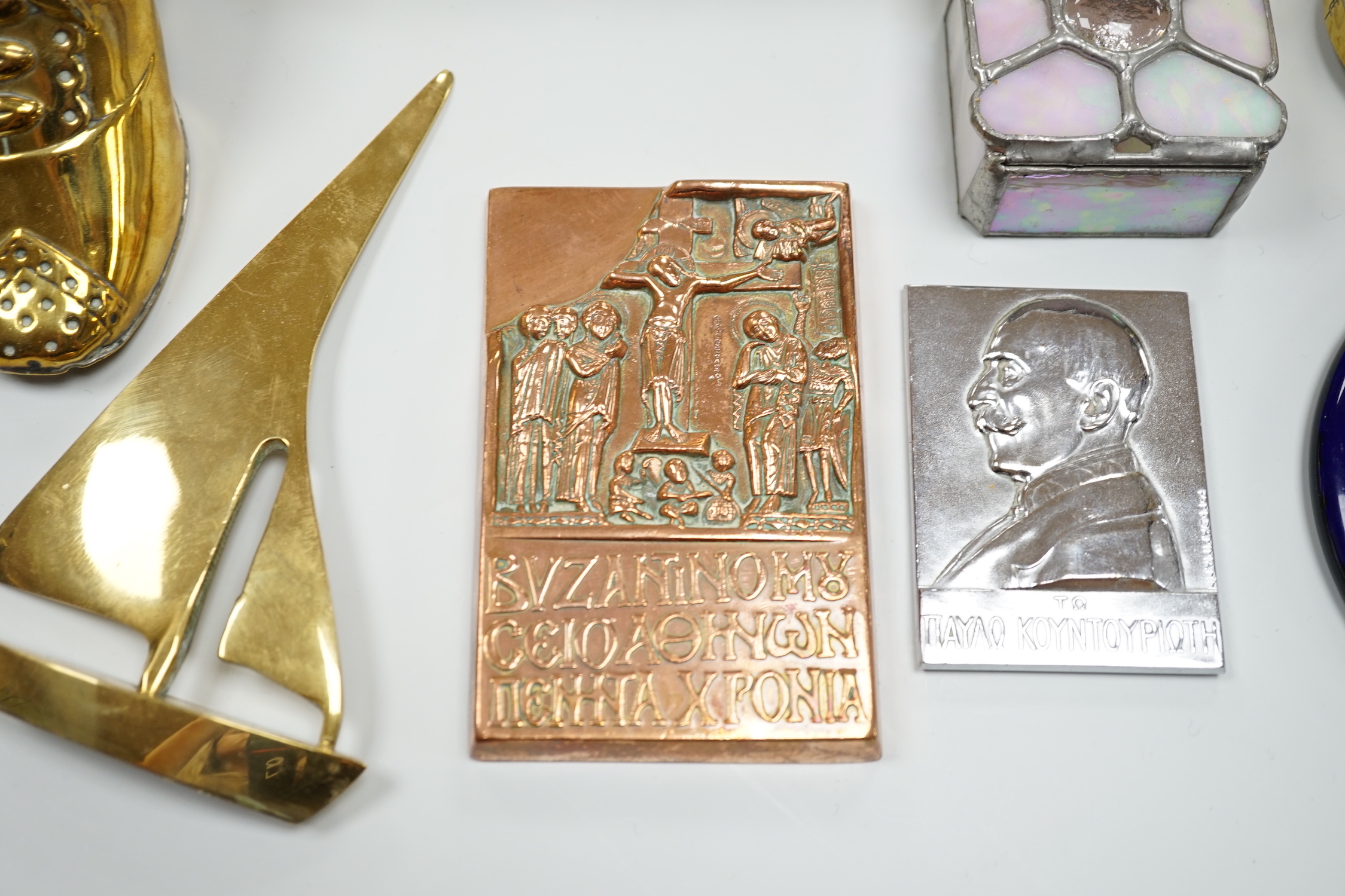 A group of assorted brass and other collectables, including a Welsh brass spectacle case inscribed Margaret Evans, Ferndale 1804